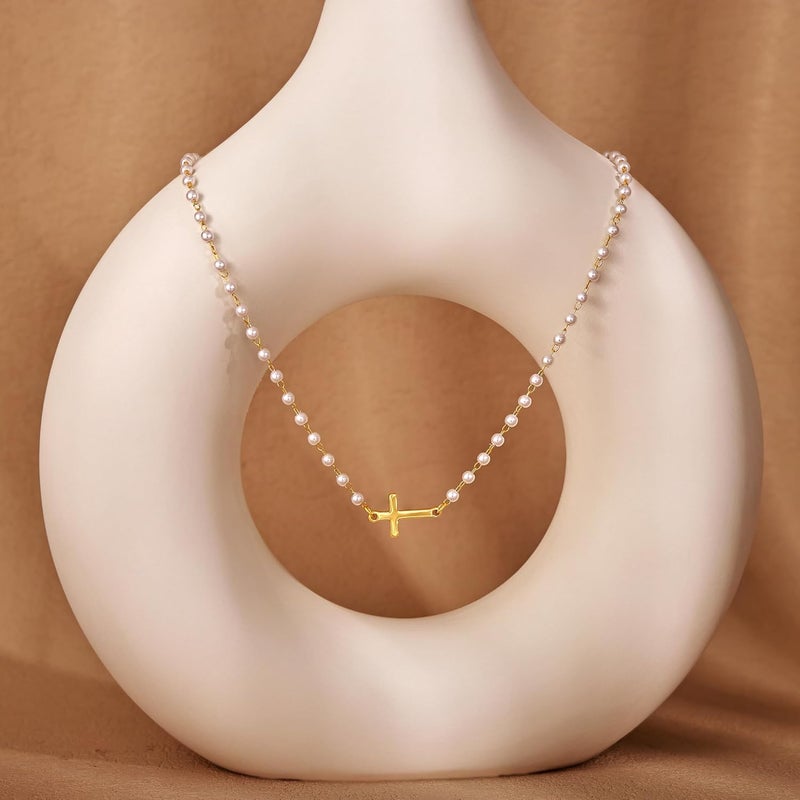 Robaice Pearl Cross Necklace for Women, Eternal Gold Pearl Necklace with Cross Pendant, Dainty Pearls and Cross Necklace Christian Faith Jewelry Gift - Image 5